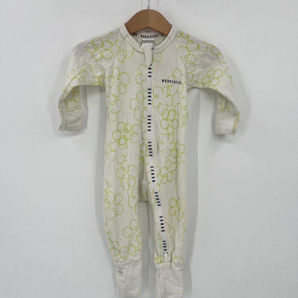 Bonds Wondercool Wondersuit 3-6 Months Cream Lime Green Floral Mesh Romper